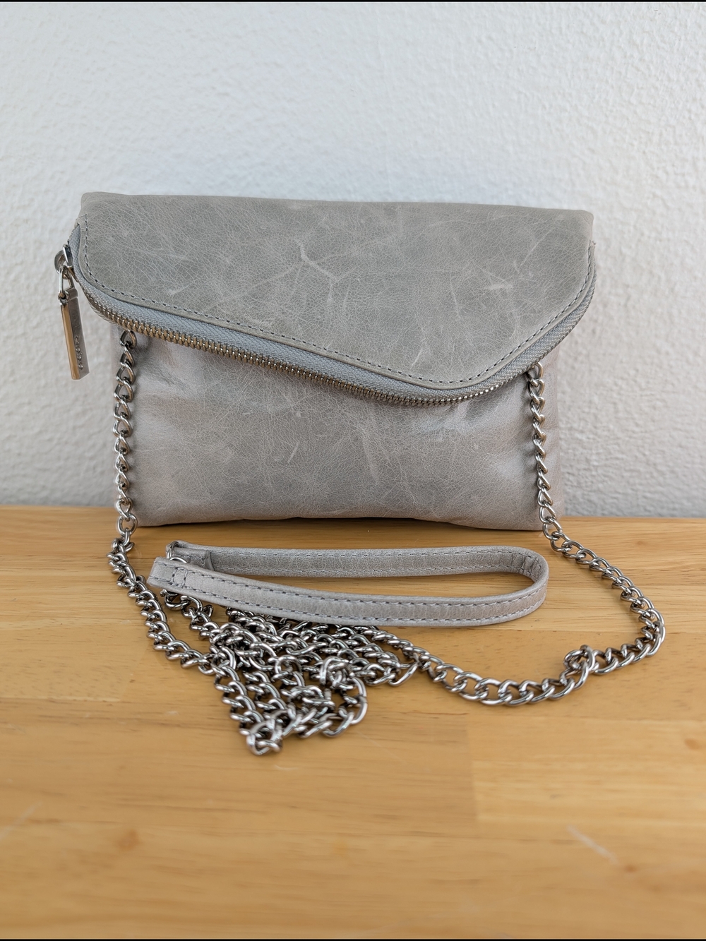 Hobo International Daria Leather Clutch Crossbody Bag Distressed Gray Finish